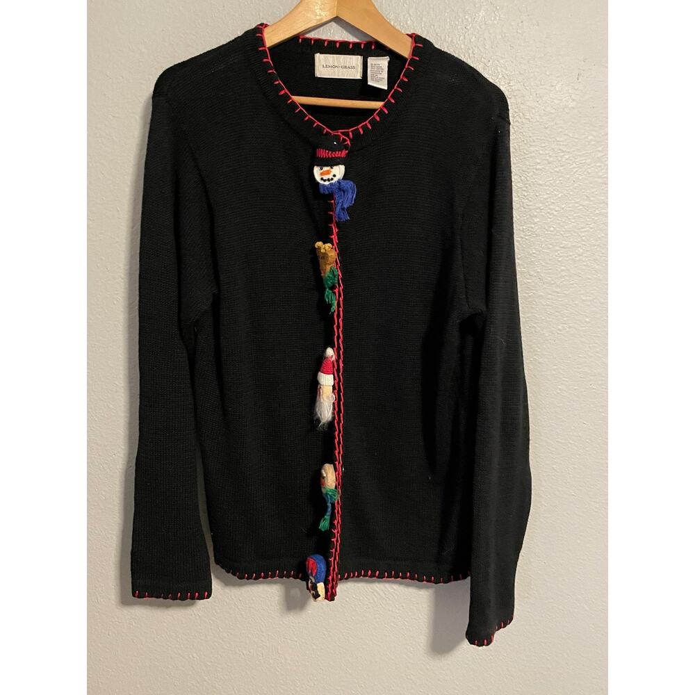 Lemon Grass Cardigan Sweater Womens Medium Holiday Christmas Applique 90s FLAW